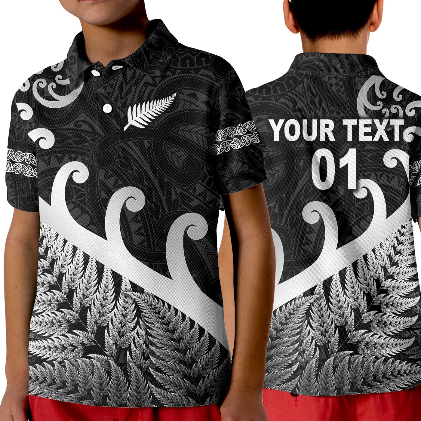 custom-personalised-new-zealand-rugby-maori-polo-shirt-kid-silver-fern-koru-vibes-black