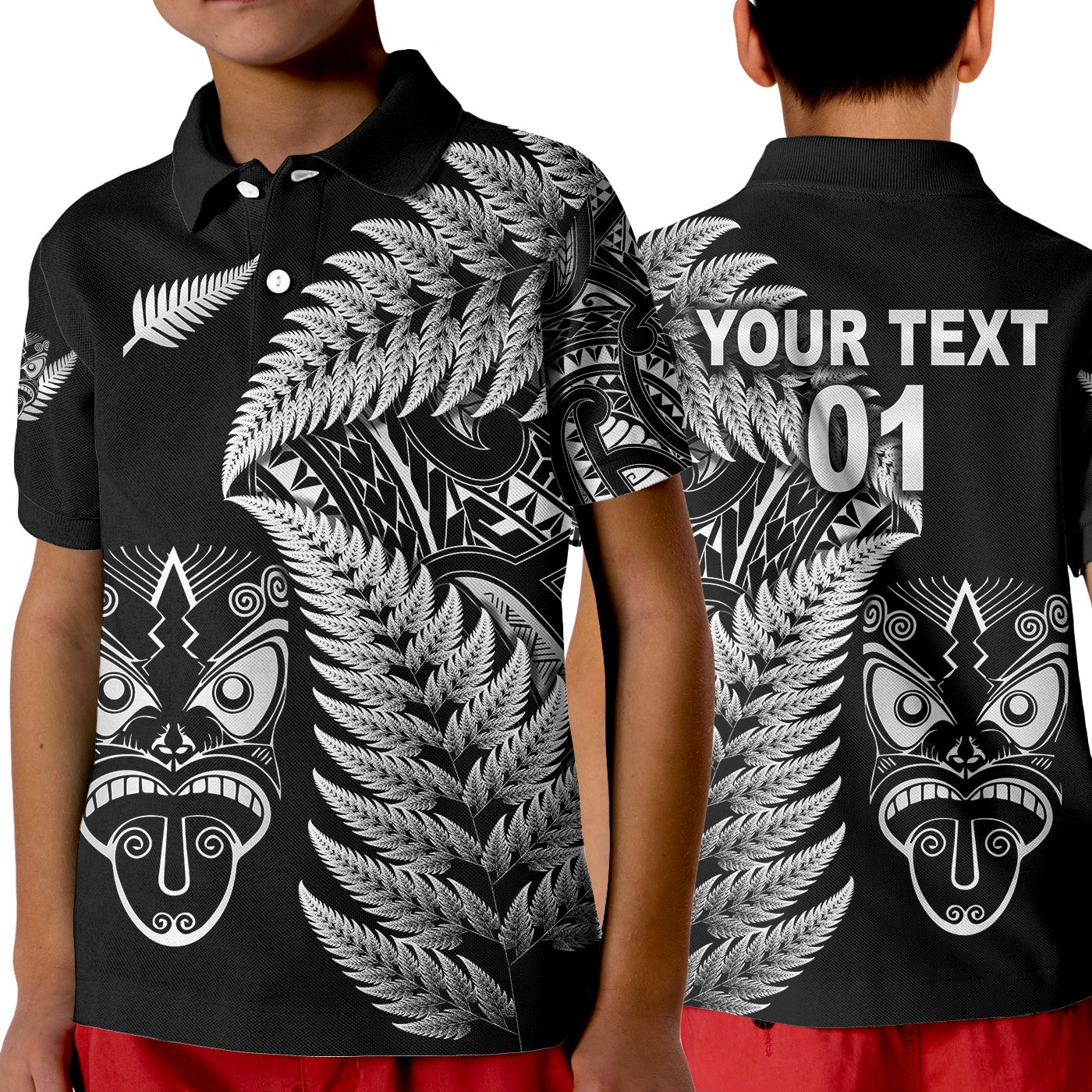 custom-personalised-new-zealand-haka-rugby-maori-polo-shirt-kid-silver-fern-vibes-black