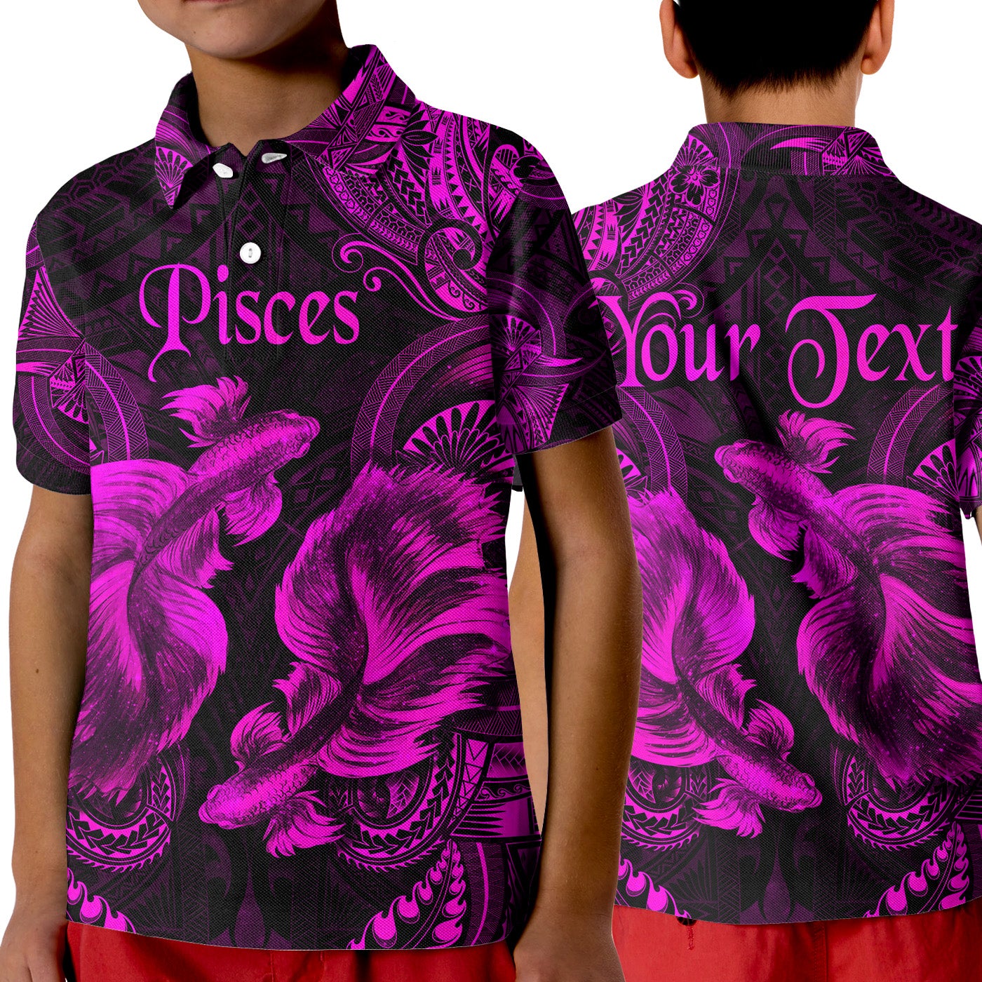 custom-personalised-pisces-zodiac-polynesian-polo-shirt-kid-unique-style-pink