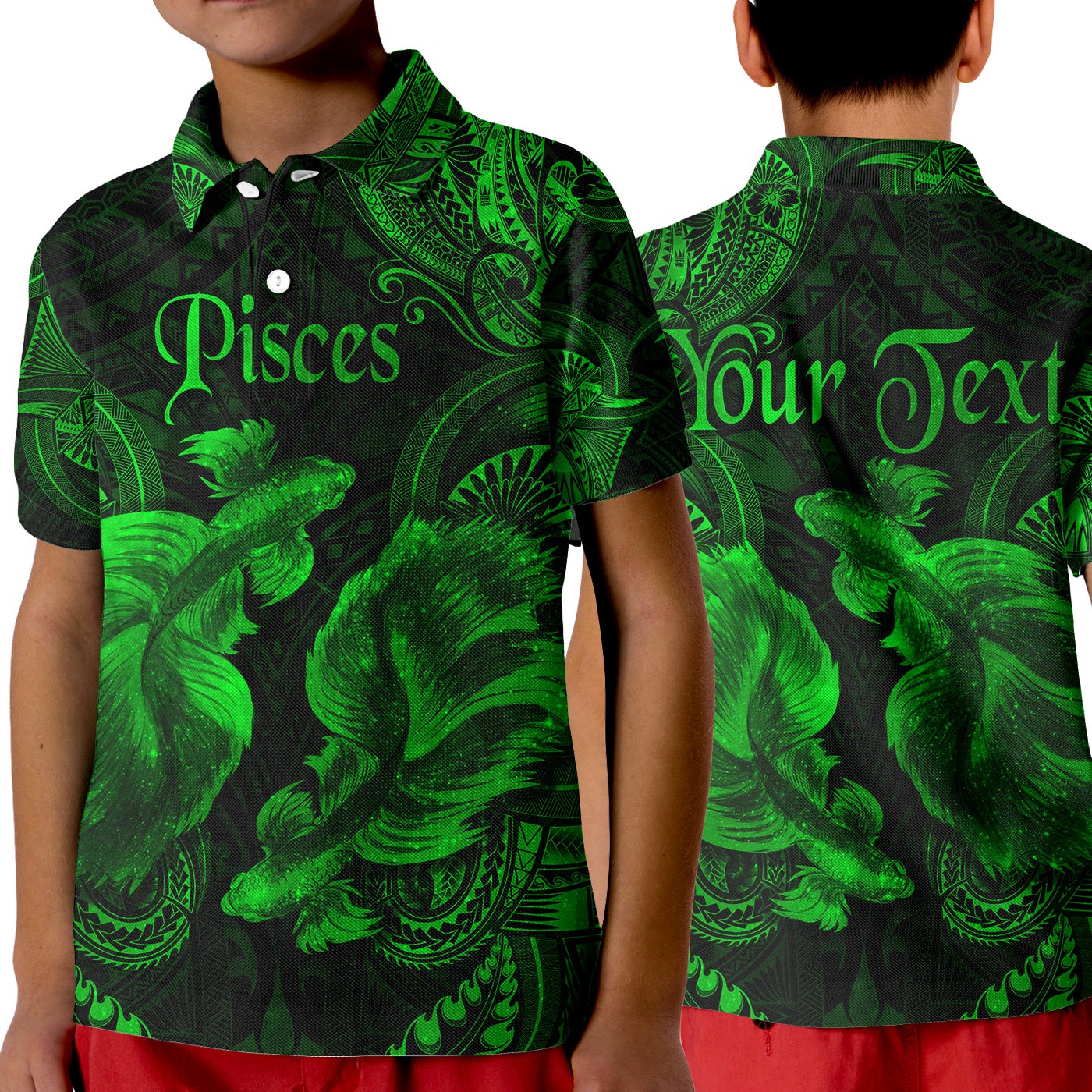custom-personalised-pisces-zodiac-polynesian-polo-shirt-kid-unique-style-green