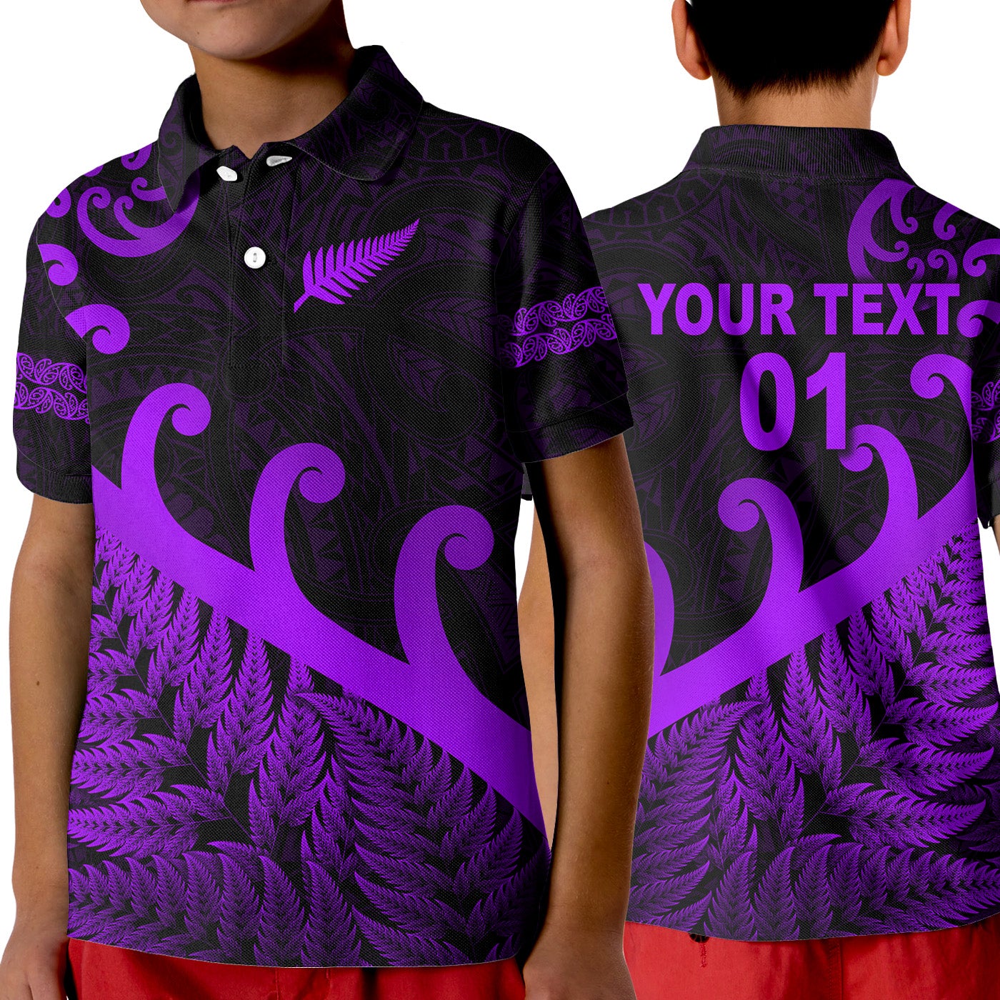 custom-personalised-new-zealand-rugby-maori-polo-shirt-kid-silver-fern-koru-vibes-purple