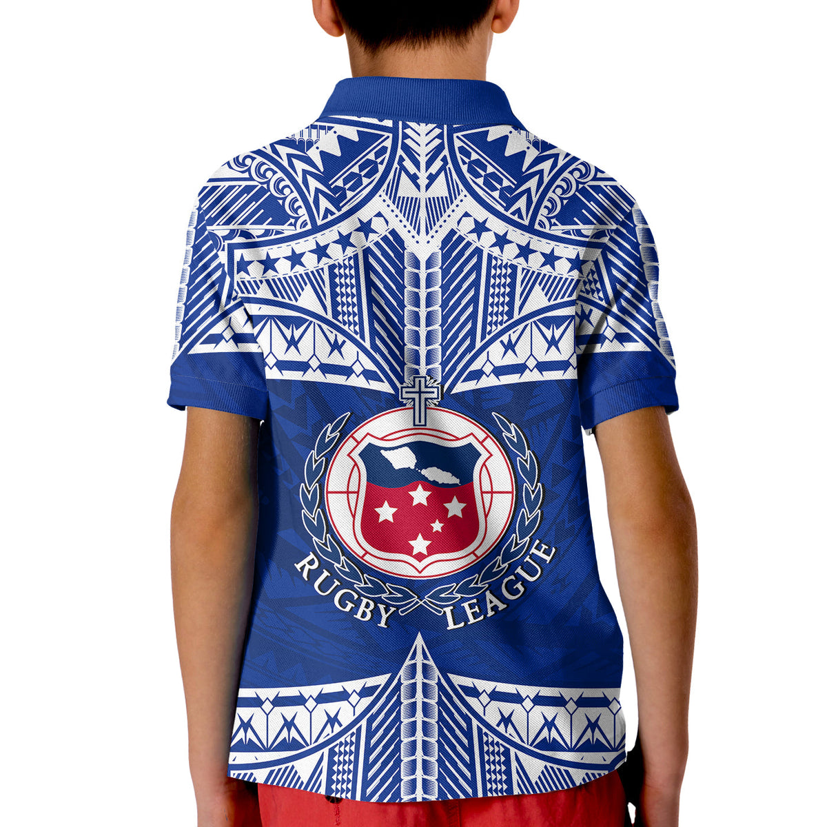 Kids blue rugby polo shirt back view with Rugby League crest and tribal stripe print
