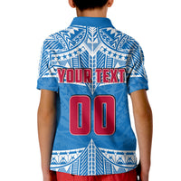 Kids rugby polo shirt, blue back print with 'YOUR TEXT' and large '00' numbers
