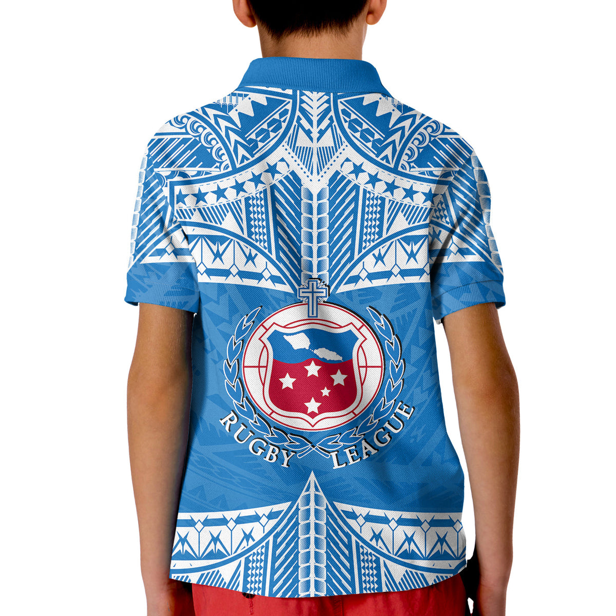 Kids blue rugby polo shirt, back view, patterned yoke with Rugby League crest