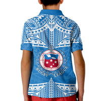 Kids blue rugby polo shirt, back view, patterned yoke with Rugby League crest