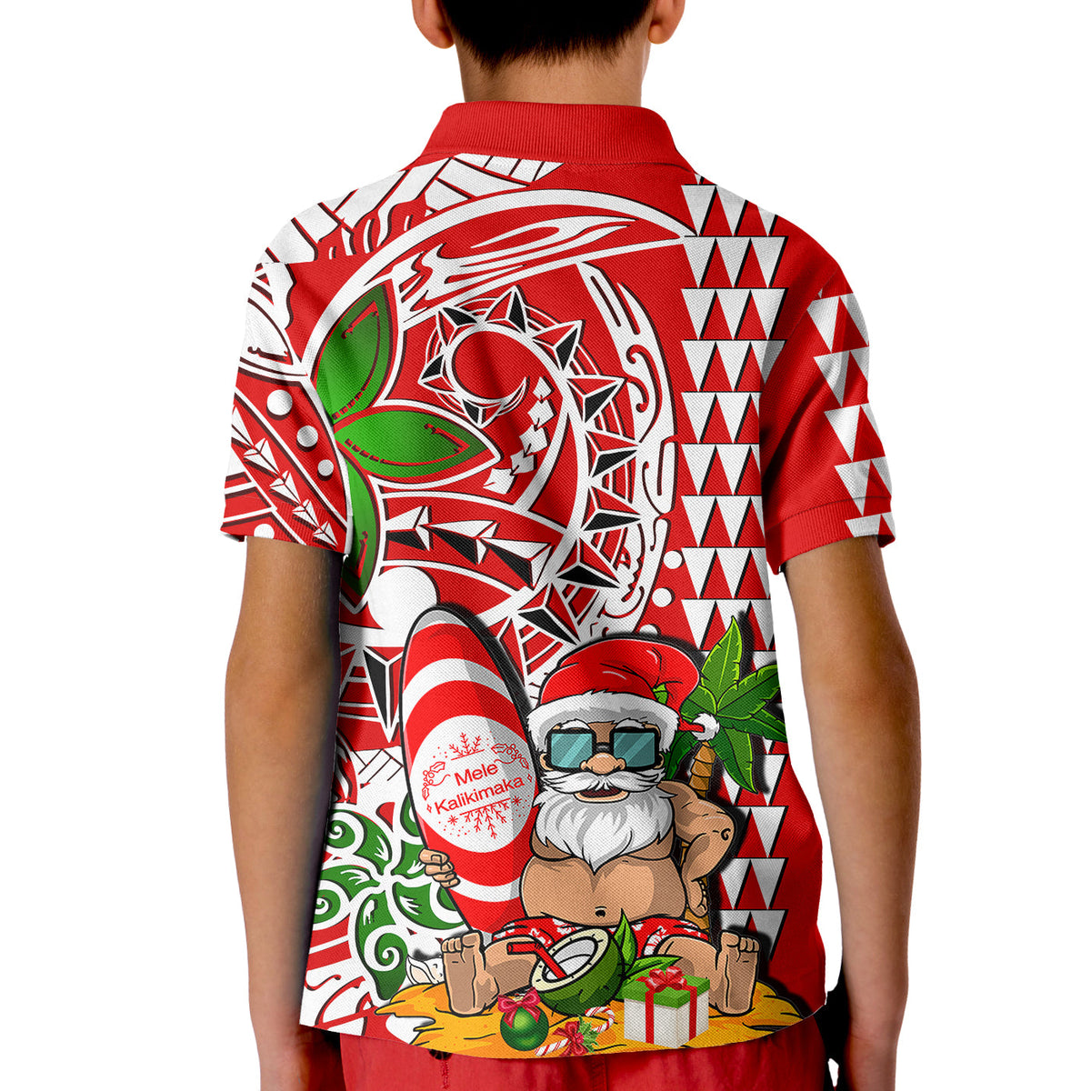 Kids red beach polo shirt with colorful holiday Santa graphic on the back.