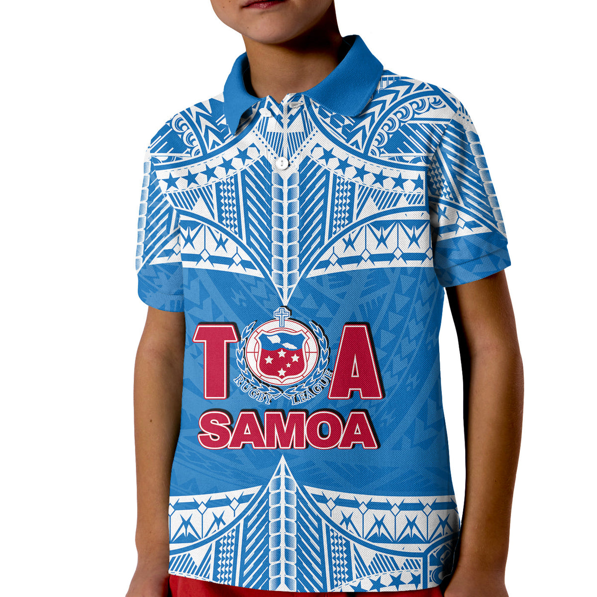 Kids rugby polo shirt, blue front with T A SAMOA badge and star-pattern graphic