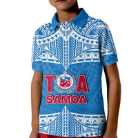 Kids rugby polo shirt, blue front with T A SAMOA badge and star-pattern graphic