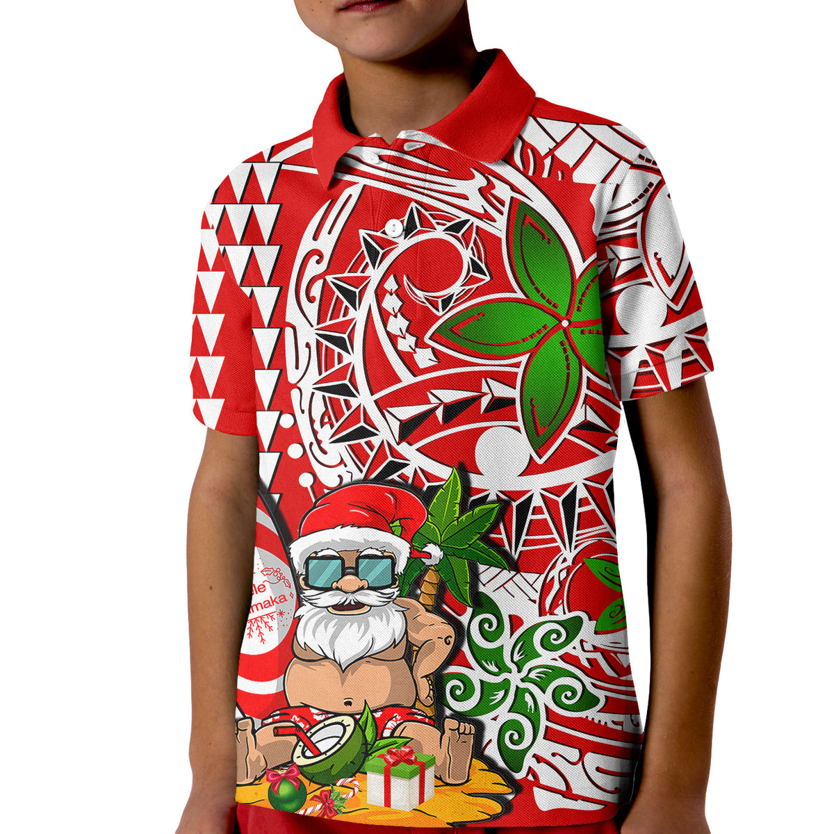 Kids red beach polo shirt with colorful holiday Santa and hibiscus graphic front.