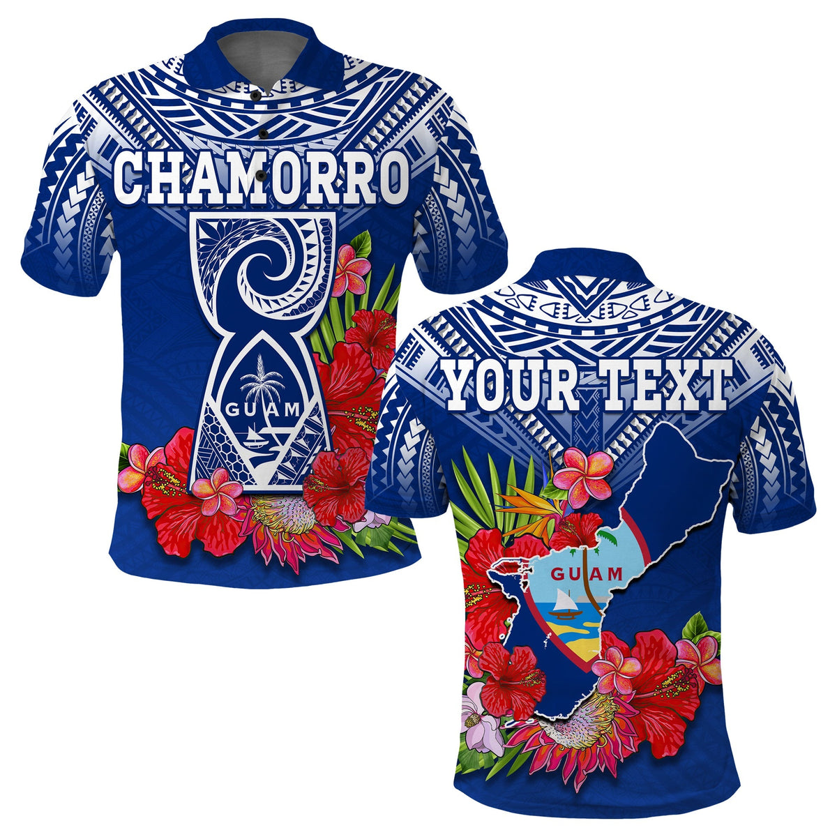 Custom Chamorro Guam Polo Shirt Guaman Latte Stone Tropical Flowers Blue Version - Wonder Print Shop