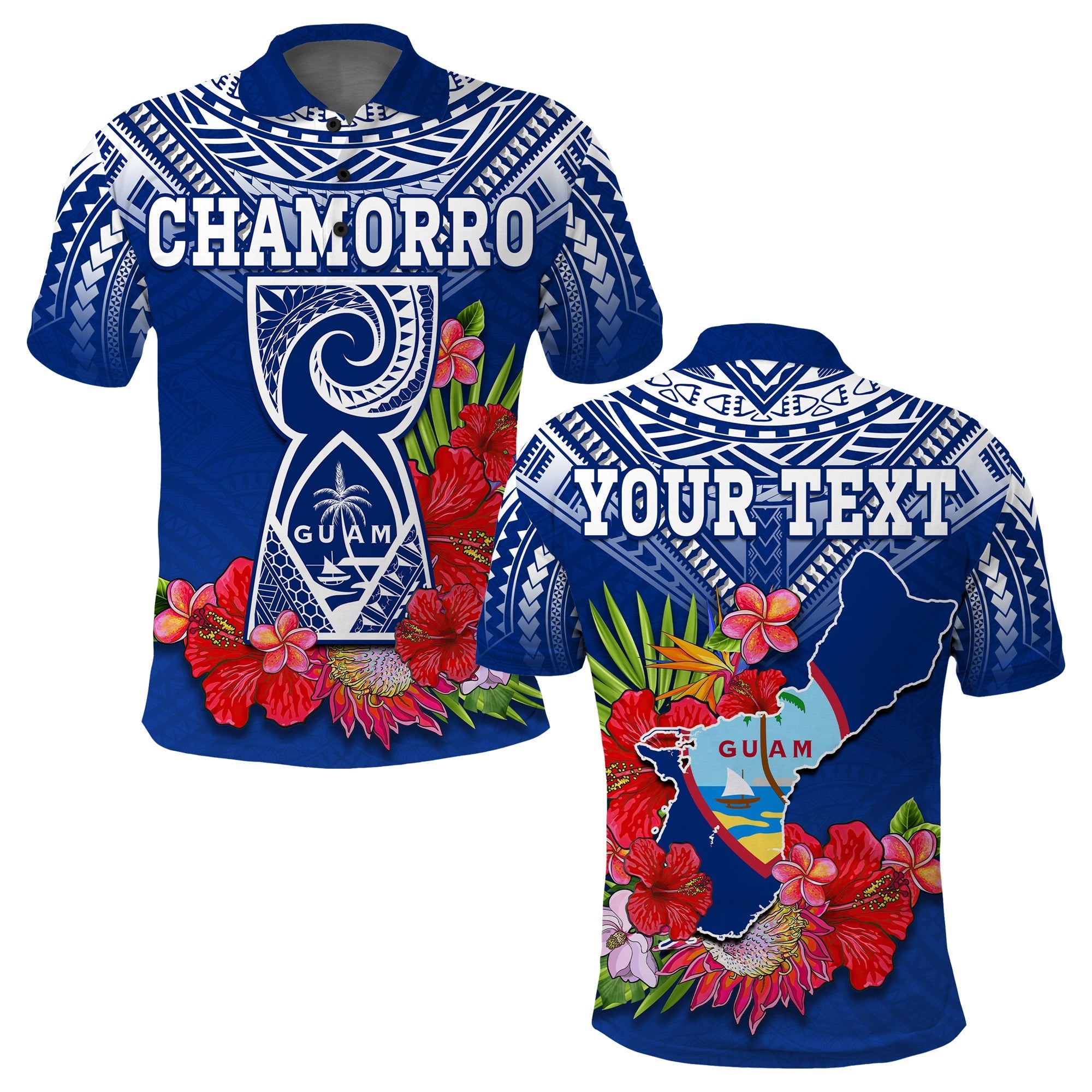 Custom Chamorro Guam Polo Shirt Guaman Latte Stone Tropical Flowers Blue Version - Wonder Print Shop