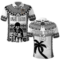 Rugby polo shirt with black-and-white tribal print, crest logo, and 'FIJI BATI' graphic