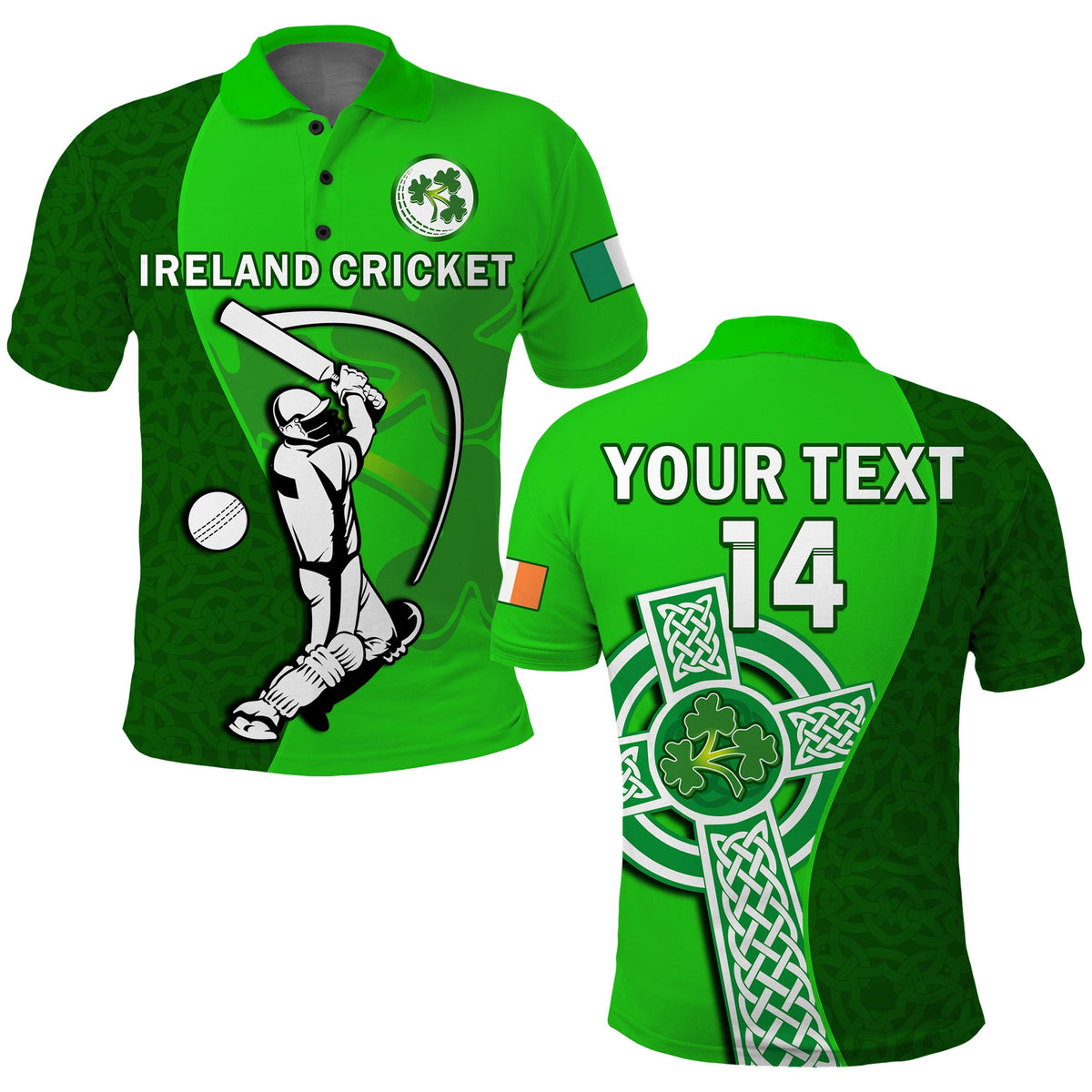 (Custom Text And Number) Ireland Cricket Polo Shirt Irish Flag Celtic Cross Sporty Style - Wonder Print Shop