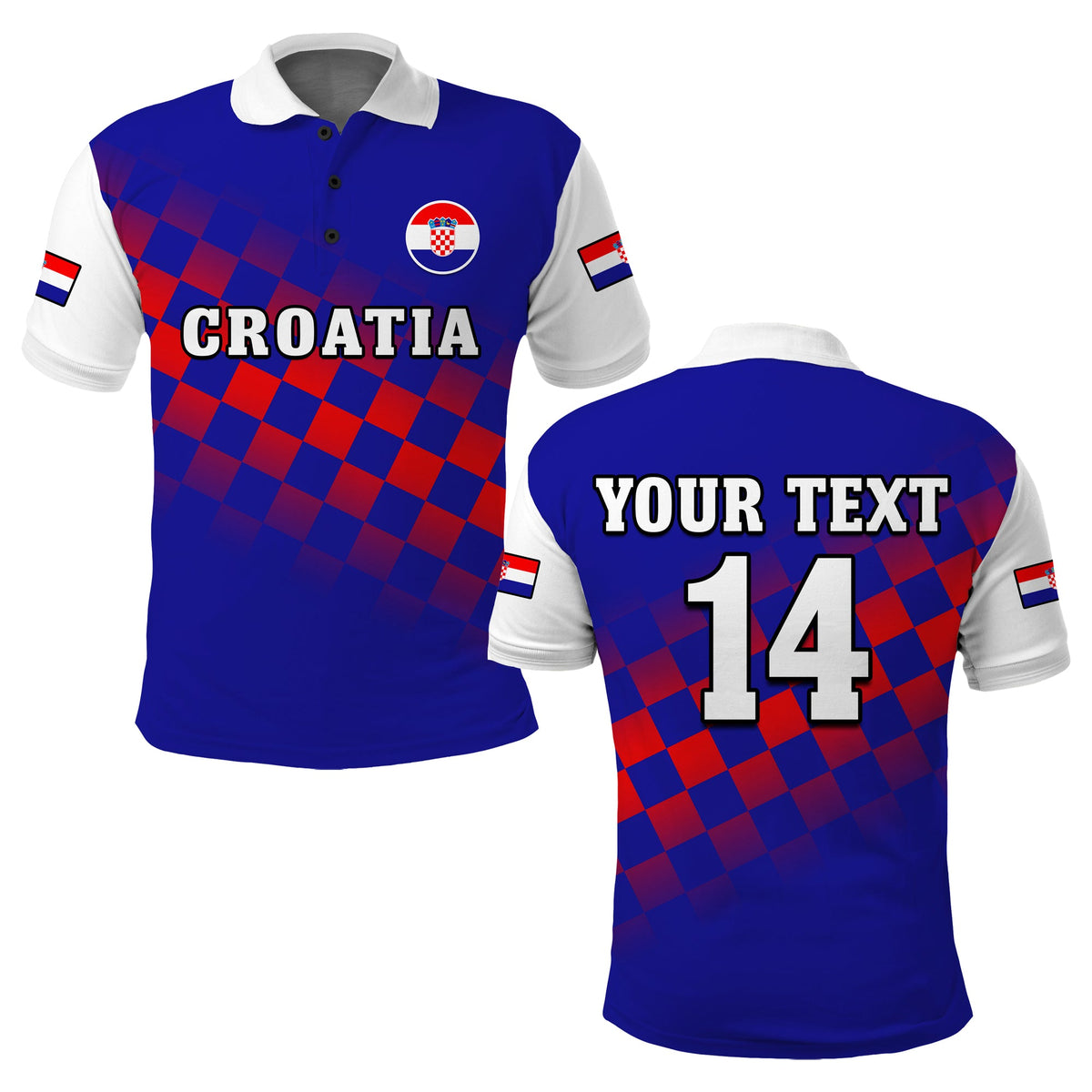 (Custom Text And Number) Croatia Football Polo Shirt Hrvatska Checkerboard Blue Version - Wonder Print Shop