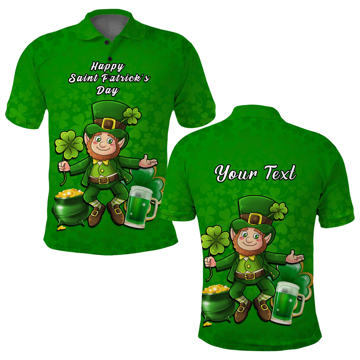 Custom Ireland Polo Shirt Saint Patricks Day Happy Leprechaun And Shamrock - Wonder Print Shop