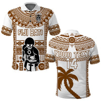 Rugby polo shirt set: white with brown tapa pattern, FIJI BATI front, Your Text 14 back