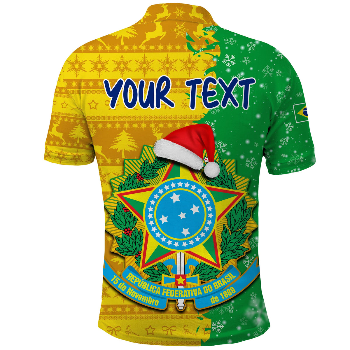 Green and yellow football polo shirt back with Your Text and Brazil emblem