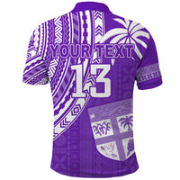 Purple rugby sevens polo shirt back view with “YOUR TEXT” and large “13” in white