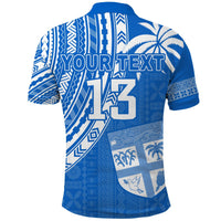 Blue polo shirt with back print 'YOUR TEXT' and number 13 over Polynesian pattern