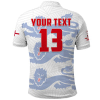 Football polo shirt white with blue lion pattern, YOUR TEXT and number 13
