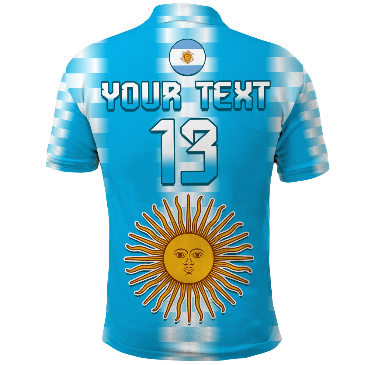 Blue Argentina polo back with YOUR TEXT 13, sun emblem, and flag patch