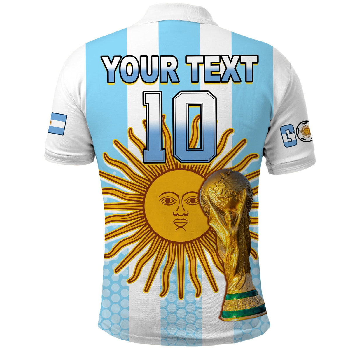 Argentina football polo shirt in blue and white stripes with back number 10 and sun trophy graphic