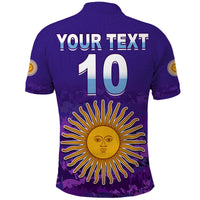 Purple football polo shirt back with 'YOUR TEXT' and number 10, sun face emblem