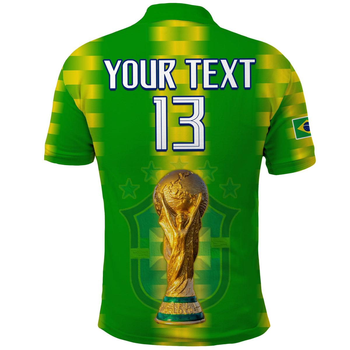 Green Brazil football polo shirt with yellow check pattern, back YOUR TEXT 13 and trophy