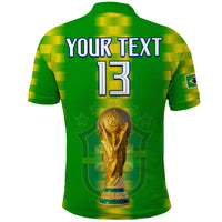 Green Brazil football polo shirt with yellow check pattern, back YOUR TEXT 13 and trophy
