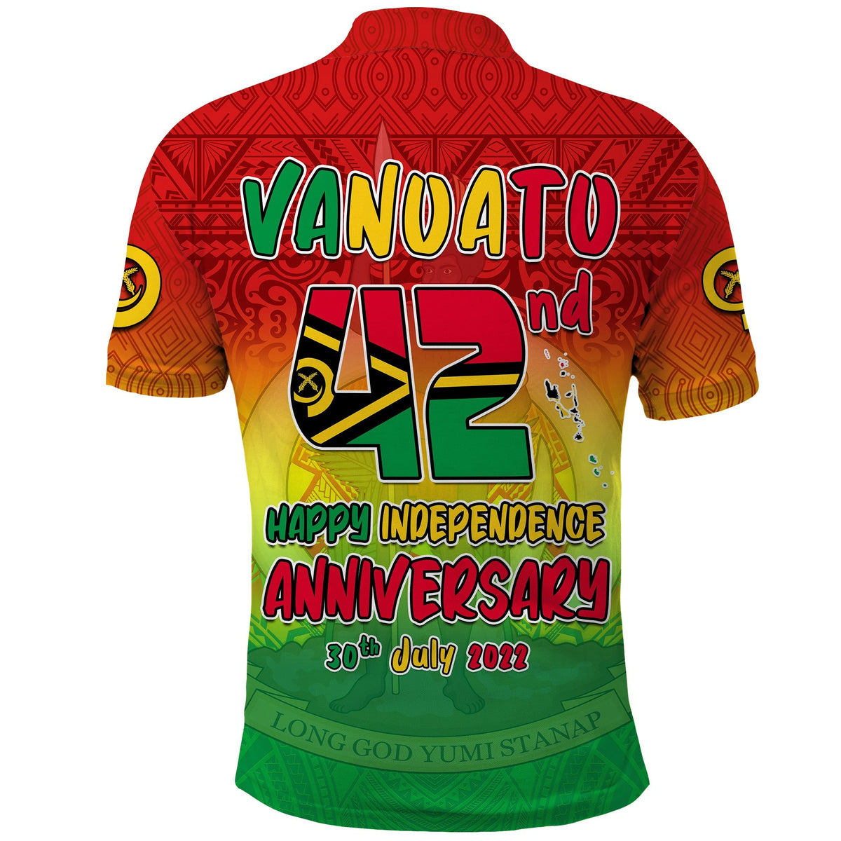Red/yellow gradient polo shirt back with VANUATU Happy Independence Anniversary text