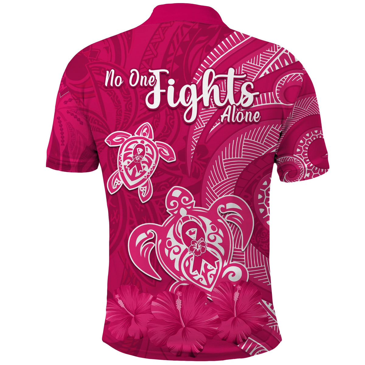 Breast Cancer Awareness Polo Shirt Hibiscus Polynesian No One Fights Alone LT13 - Wonder Print Shop