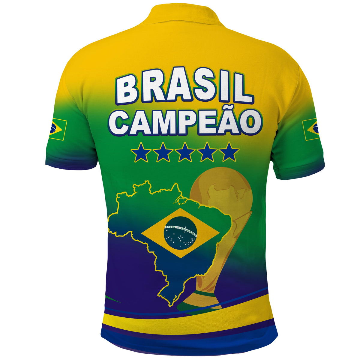 Brazil football polo shirt back with BRASIL CAMPEAO stars and Brazil map graphic