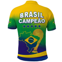 Brazil football polo shirt back with BRASIL CAMPEAO stars and Brazil map graphic