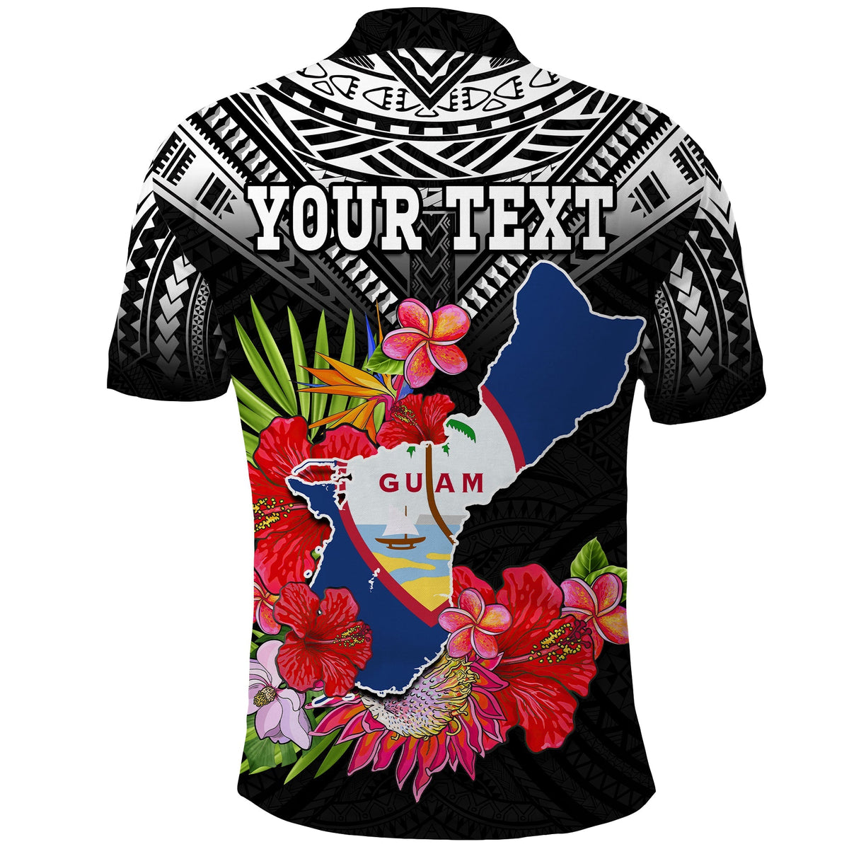 Custom Chamorro Guam Polo Shirt Guaman Latte Stone Tropical Flowers Black Style - Wonder Print Shop