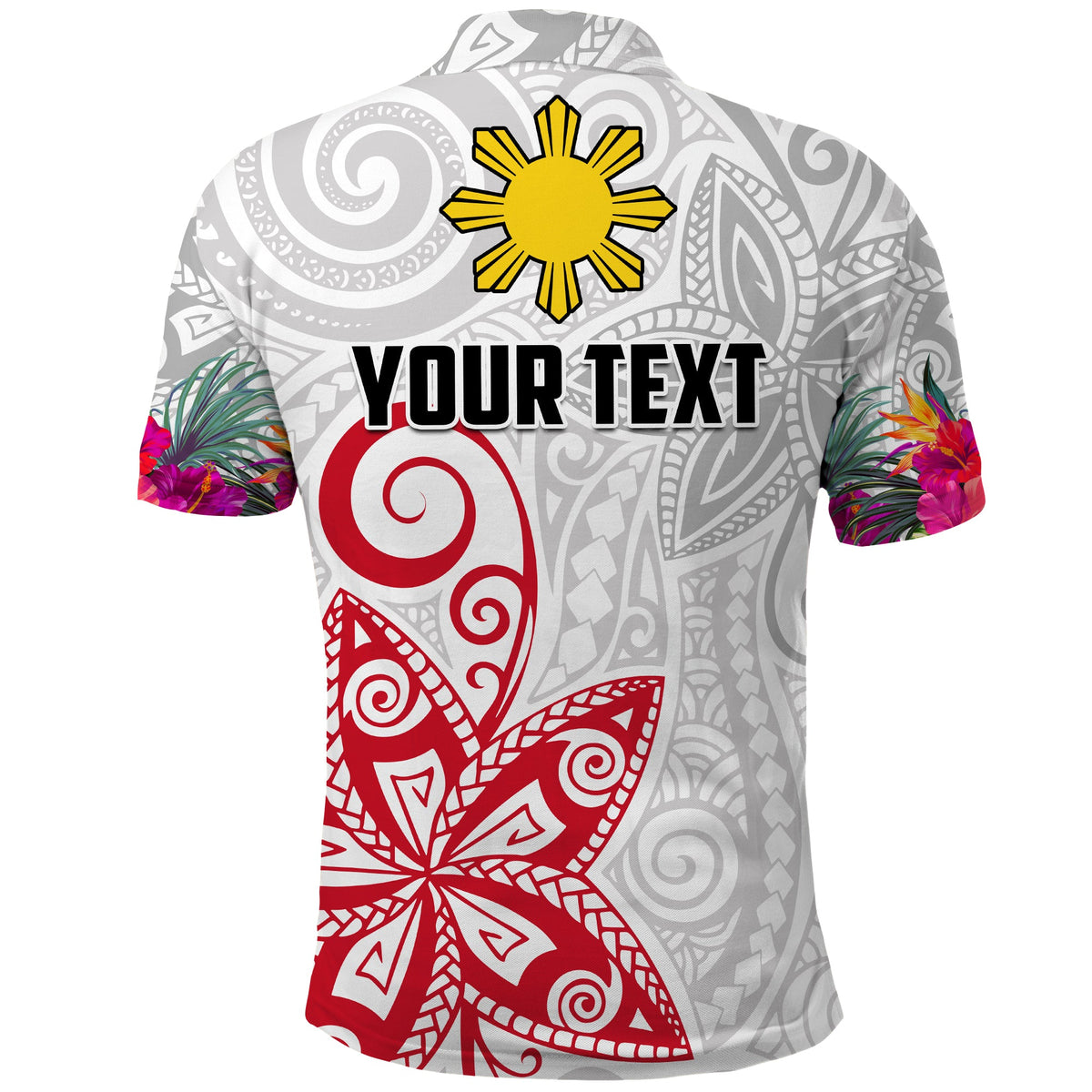 Custom Philippines Polo Shirt Sun Filipino Polynesian mix Flowers White Vibe LT13 - Wonder Print Shop