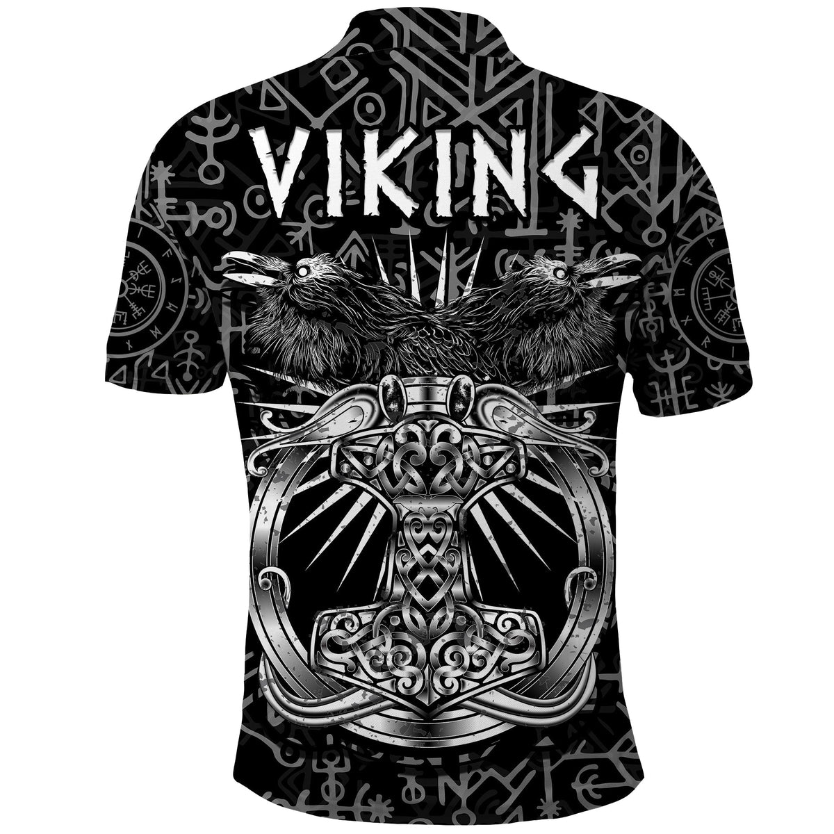 Black polo shirt with 'VIKINGS' back print, Viking shield and birds, short sleeves