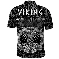 Black polo shirt with 'VIKINGS' back print, Viking shield and birds, short sleeves
