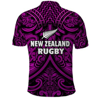 Purple rugby polo shirt with New Zealand Rugby text, silver fern, Maori-style print