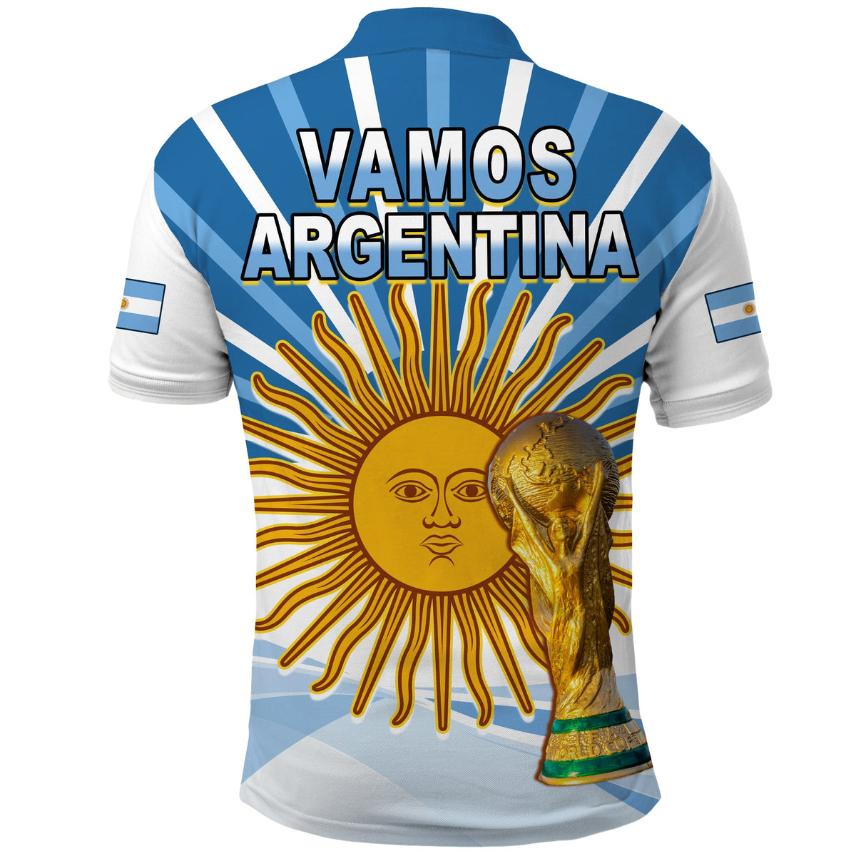 Blue-and-white Argentina football polo shirt back print with VAMOS lettering and sun mascot