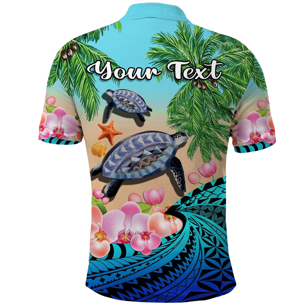 Custom Polynesian Turtle Coconut Tree And Orchids Polo Shirt - Wonder Print Shop