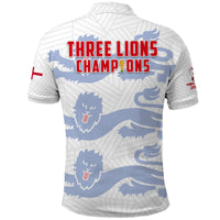 White polo shirt back with 'THREE LIONS CHAMPIONS' blue lion graphics