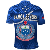 Blue rugby polo back with SAMOA SEVENS text, crest, laurel and small flag graphic