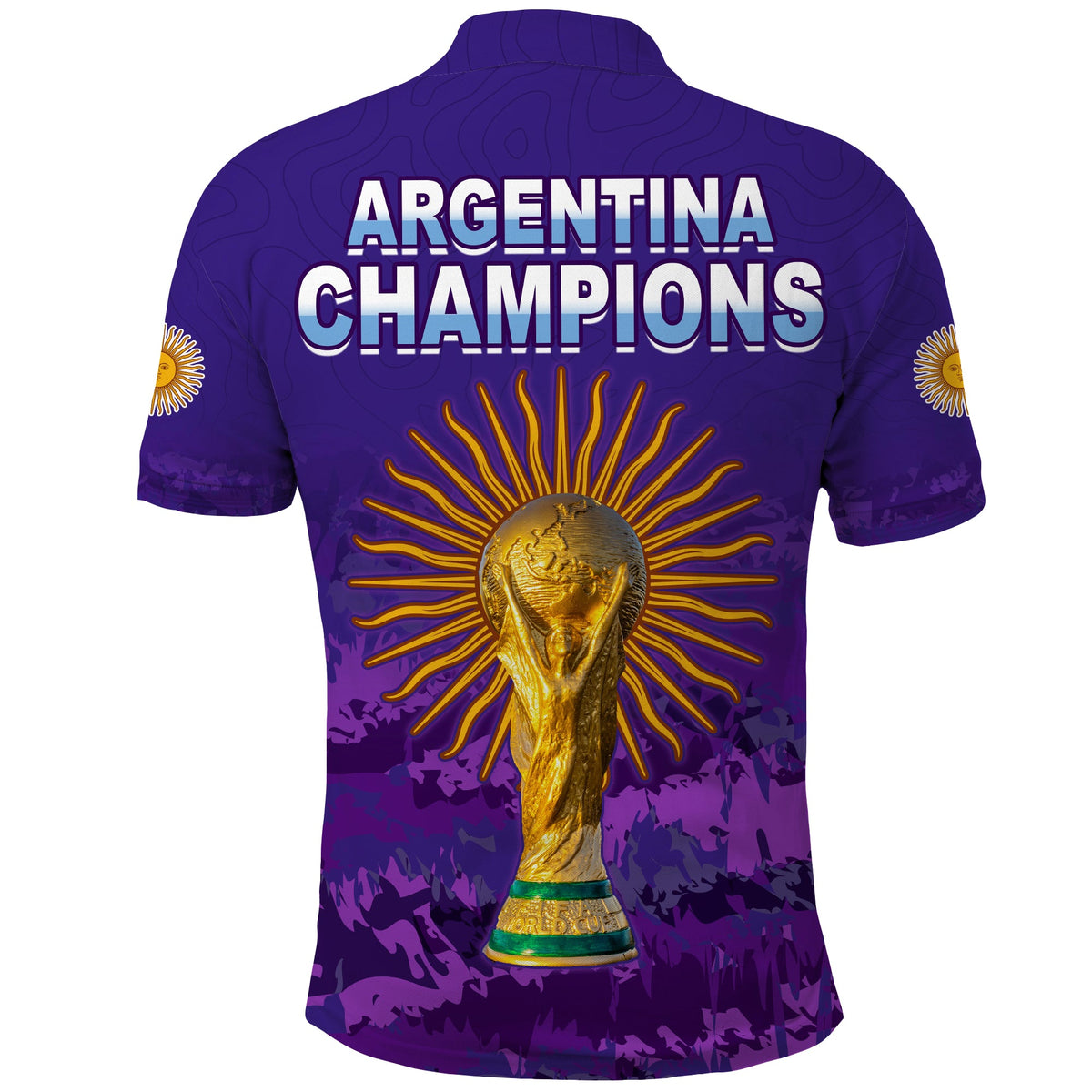 Purple Argentina football polo shirt with Argentina Champions text and trophy graphic