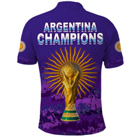 Purple Argentina football polo shirt with Argentina Champions text and trophy graphic