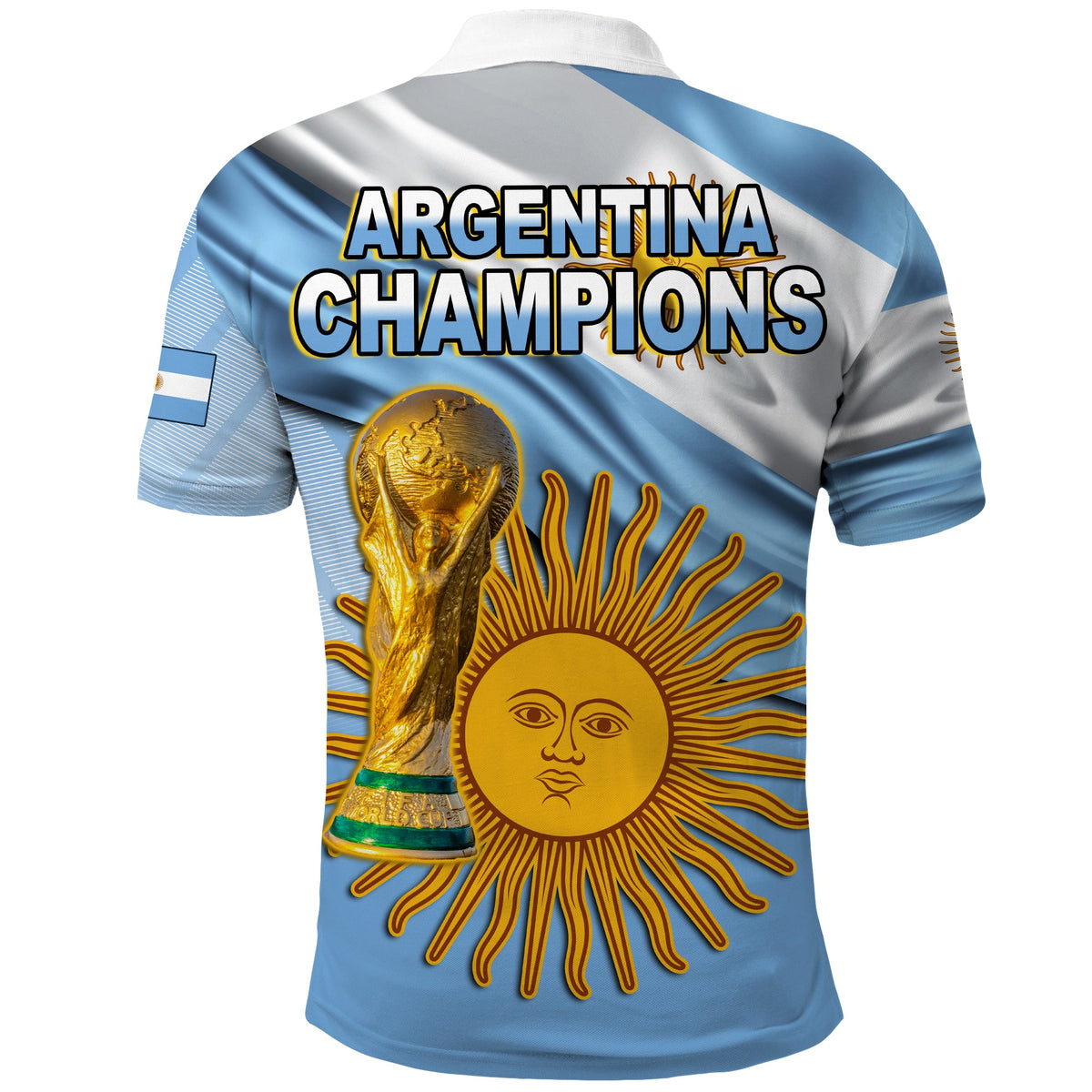 Blue football polo shirt back with 'ARGENTINA CHAMPIONS' trophy and sun face graphic