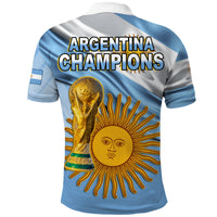 Blue football polo shirt back with 'ARGENTINA CHAMPIONS' trophy and sun face graphic