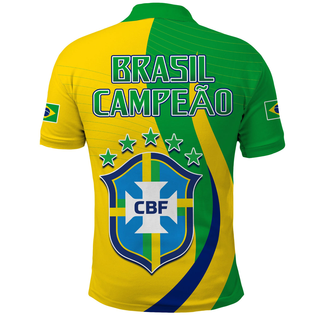 Brazil-style polo shirt back with BRASIL CAMPEAO text, CBF crest, green yellow and blue