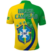 Brazil-style polo shirt back with BRASIL CAMPEAO text, CBF crest, green yellow and blue