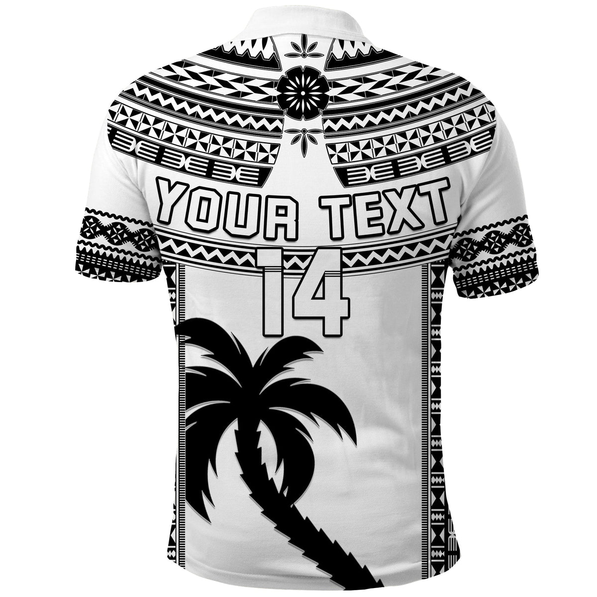 Rugby polo shirt back view, black-and-white tribal print with custom 'YOUR TEXT' and number 14