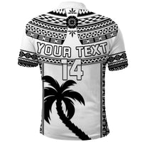Rugby polo shirt back view, black-and-white tribal print with custom 'YOUR TEXT' and number 14